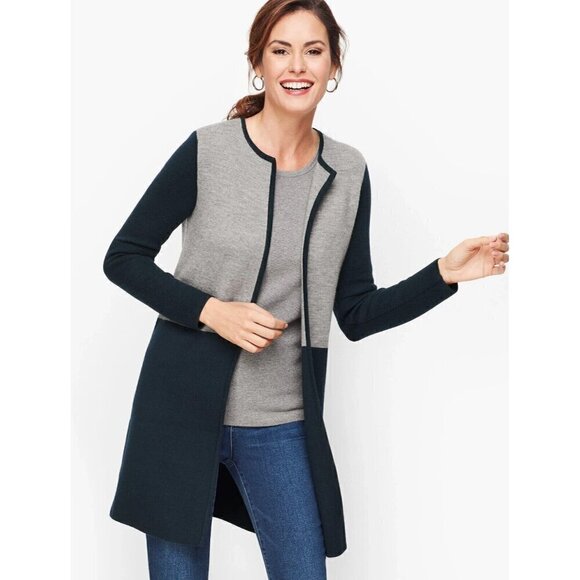 Talbots Merino Blend Colorblock Sweater Jacket Size MP New Navy Gray Cardigan - Picture 1 of 13